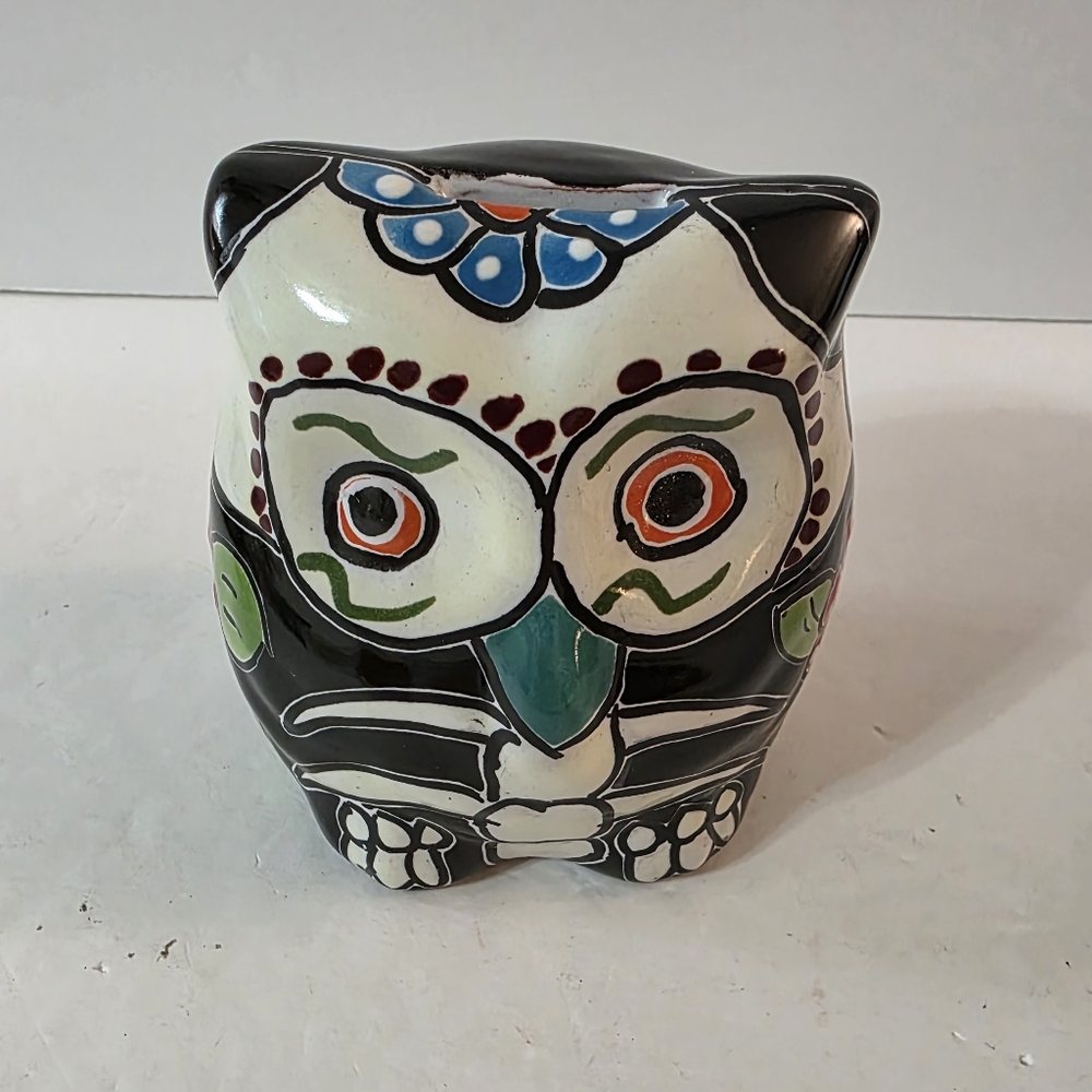 Mexican Pottery Talavera Owl Green Beak Day Of The Dead